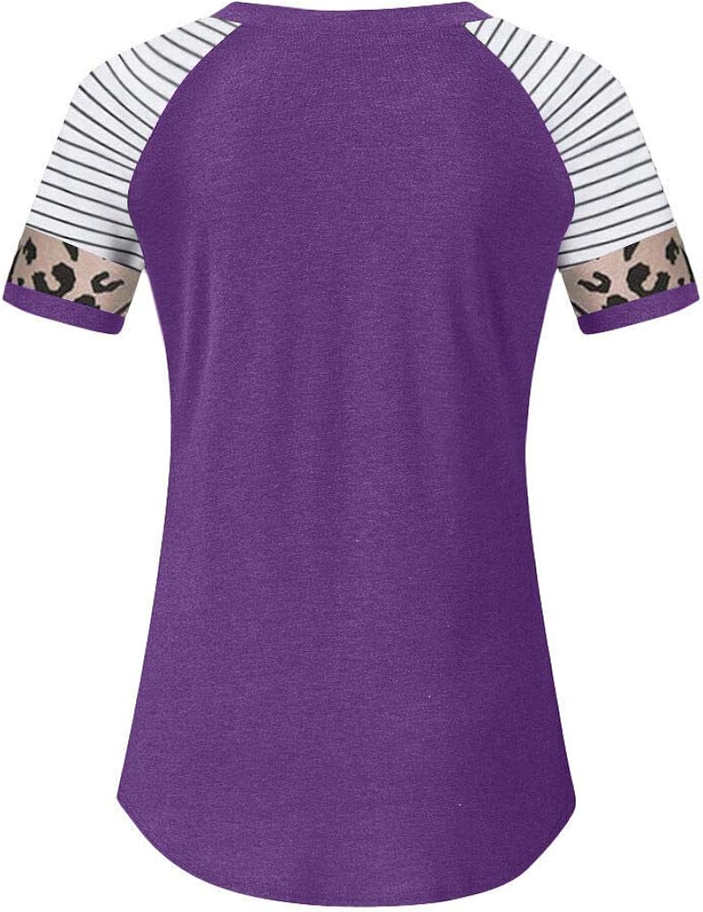 Women's Short Sleeve Tops Leopard Print Striped T-Shirt Girl's Casual Letter Printed Crewneck Pacthwork Blouse with Pocket at  Women’s Clothing store