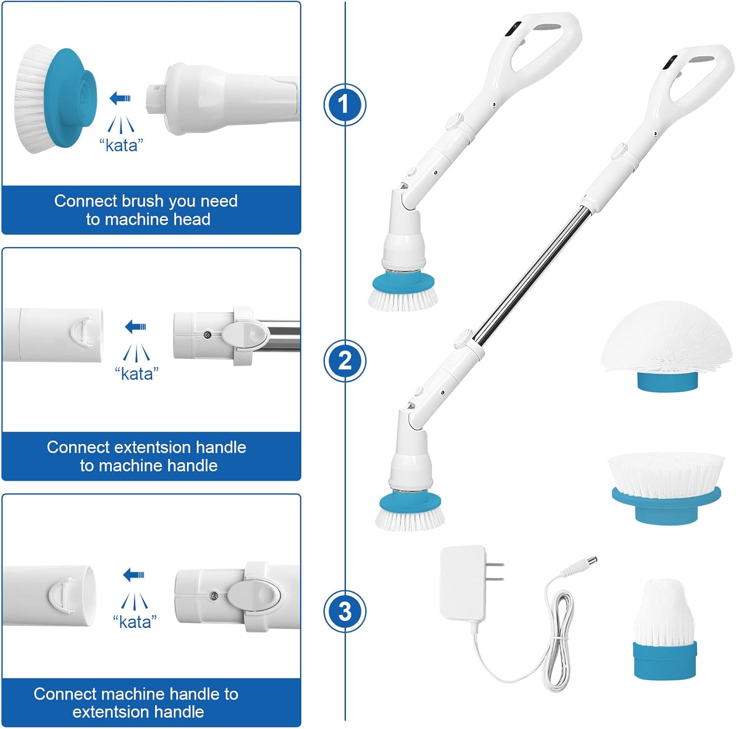 Electric Spin Scrubber Cleaner Brush: 360 Cordless Shower Scrubber Power Bathroom Scrubber with 3 Multi Purpose Replaceable Cleaning Brush Heads & 1 Extension Handle for Bathroom Tub Floor Tile Wall
