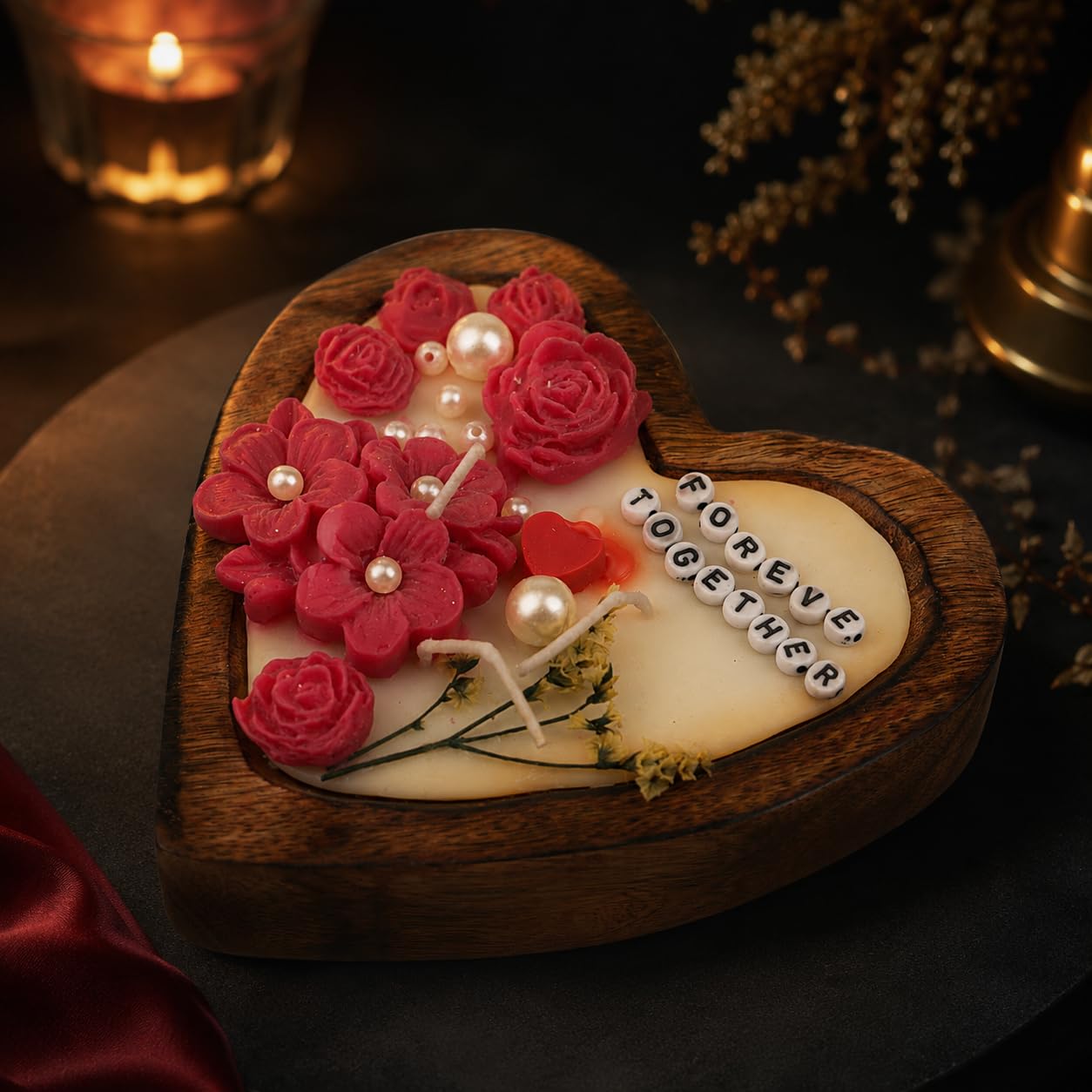 Heart-Shaped Floral Candle in Wooden Tray | Forever Together Romantic Gift, Anniversary, Wedding, Engagement, Valentine's Day, Couple Décor-image-39