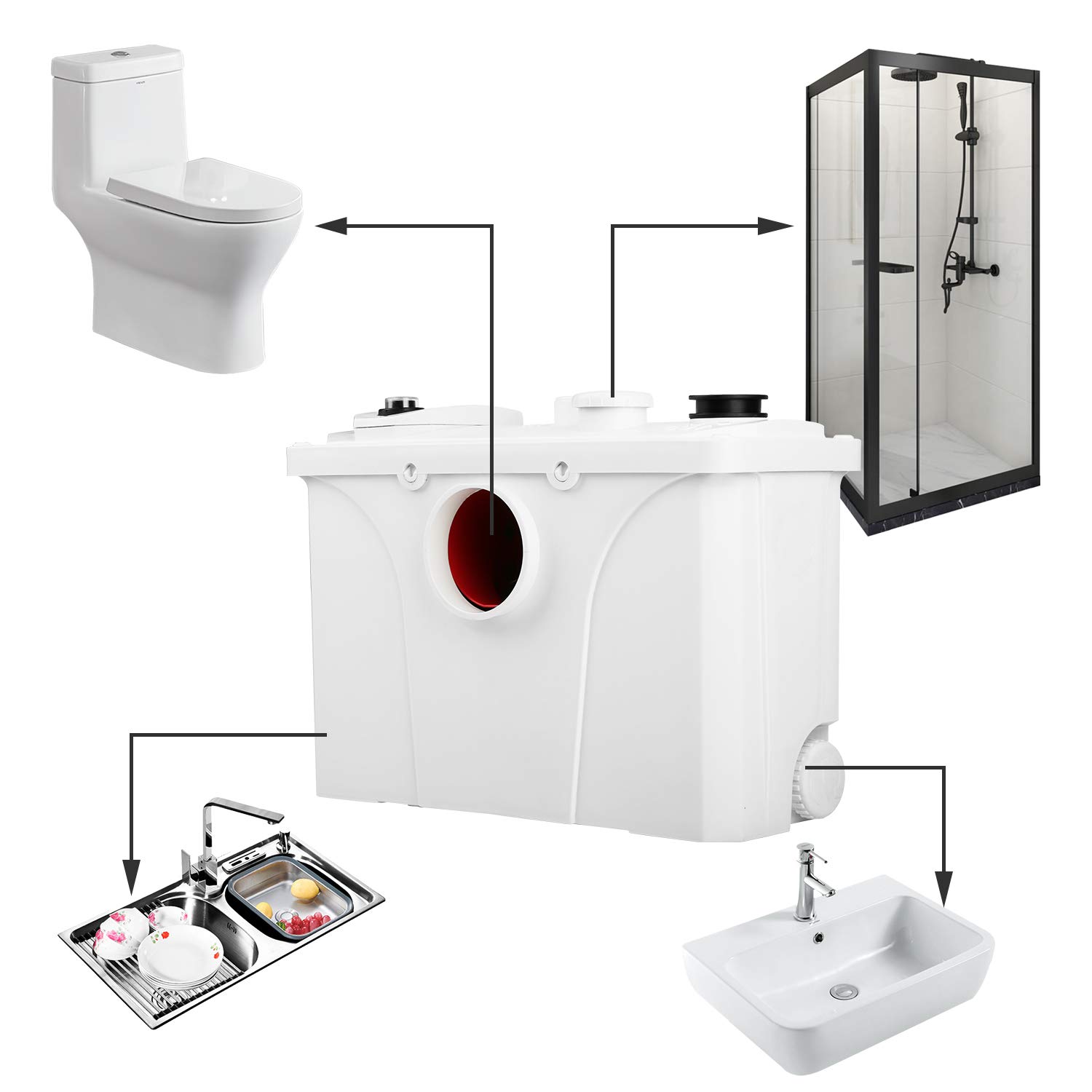 Jopassy 700W Triturador Sanitario, 190 L/min sistema de elevación de agua sucia, 4 entradas pequeño sistema de elevación, aseos, bombas de agua sucia para ducha, cocina, lavabo