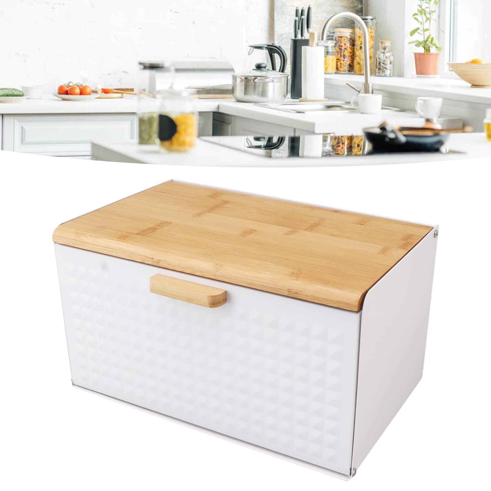 Cocoarm Skrzynka na Chleb Drewniana z żelazną ramą, Pojemna i Wytrzymała Organizator na Chleb na Blat Kuchenny, 35,5x21,5x20 Cm (WHITE)
