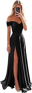 Off Shoulder Satin Bridesmaid Dresses for Women Corset Prom Dress Long Ruched A Line Formal Gown with Slit