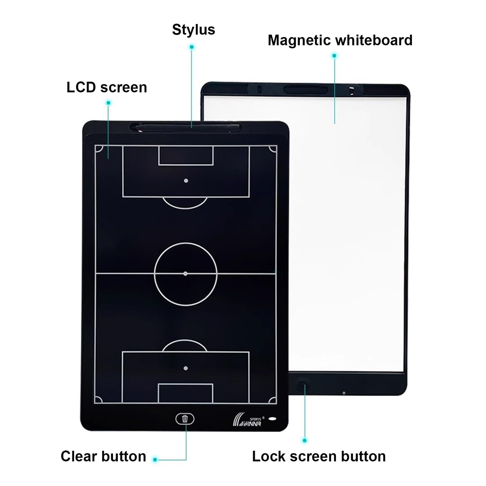 Lavagna elettronica magnetica double-face per allenatori di calcio, con schermo LCD da 40,6 cm, con penna stilo, lavagna strategica per allenatori, accessori per allenamento