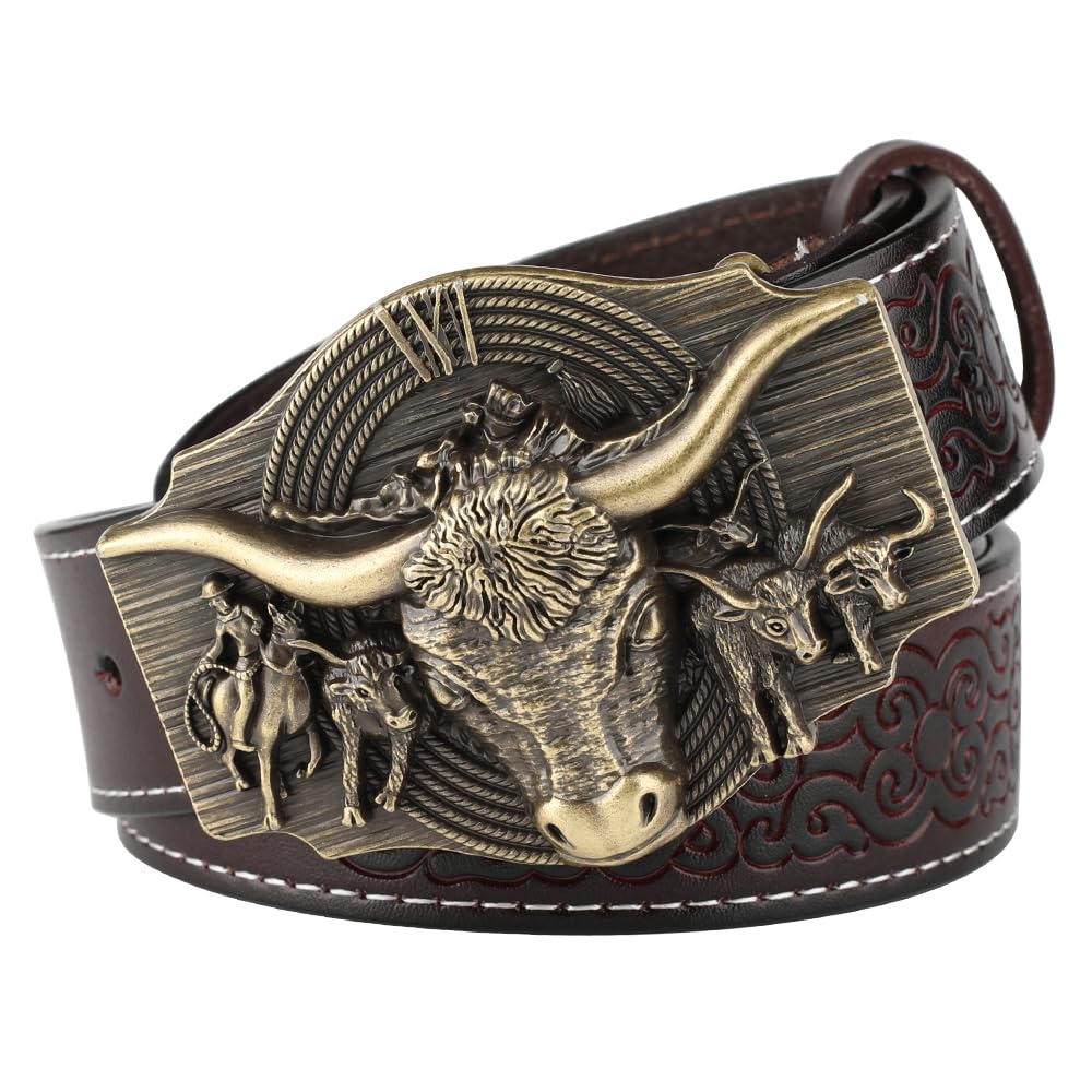 BDAYEK Men's Belt Men's Western Cowboy Belt Reddish Brown Floral Longhorn Engraved Cowhide(B Brown,105Cm/41.3In)