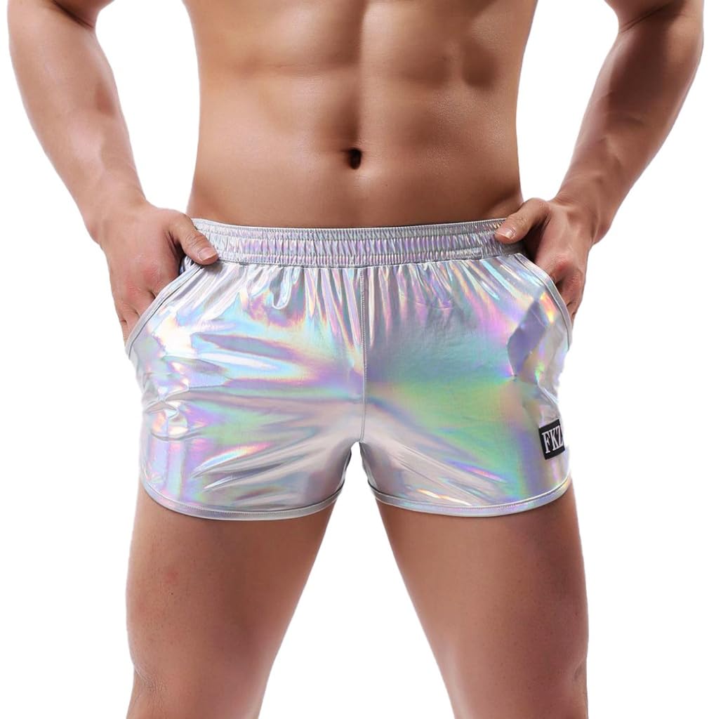 Men's Soft Stretchy Holographic Shiny Metallic Swim Boxer Briefs Trunks Shorts Hot Pants Bikini Swimsuit Stage Clubwear-image-33
