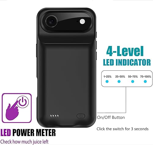 Miniatura 4 de Funda para iPhone 17 batería, 10000mAh portátil Power Bank Cargador protector caso del teléfono celular con batería recargable negro
