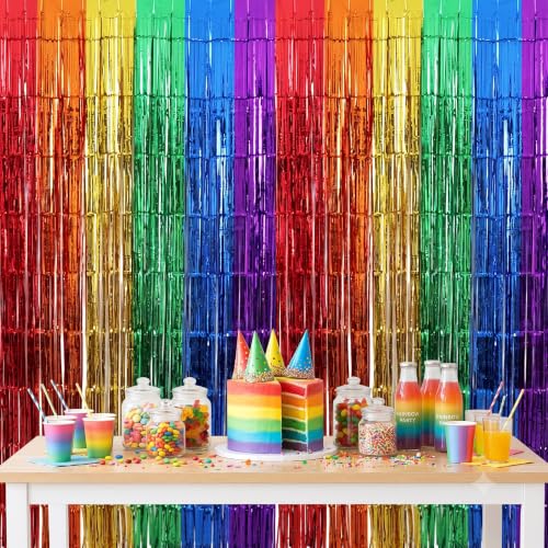 Image of TONIFUL 2Pcs Rainbow Metallic Tinsel Foil Fringe Curtain Door Streamer