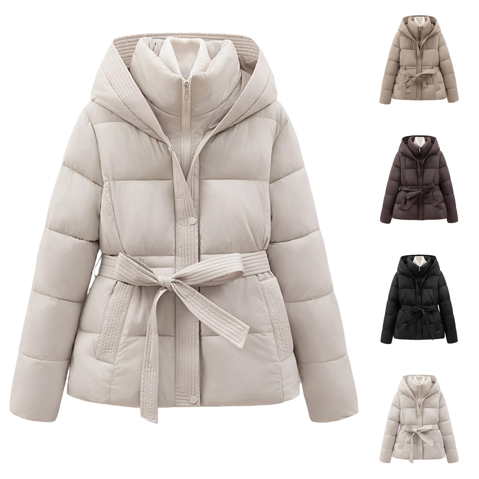 Winterjacken für Damen, kurze Steppjacke mit Gürtel, lässig, langärmelig, gepolsterter Daunenmantel, warme Oberbekleidung