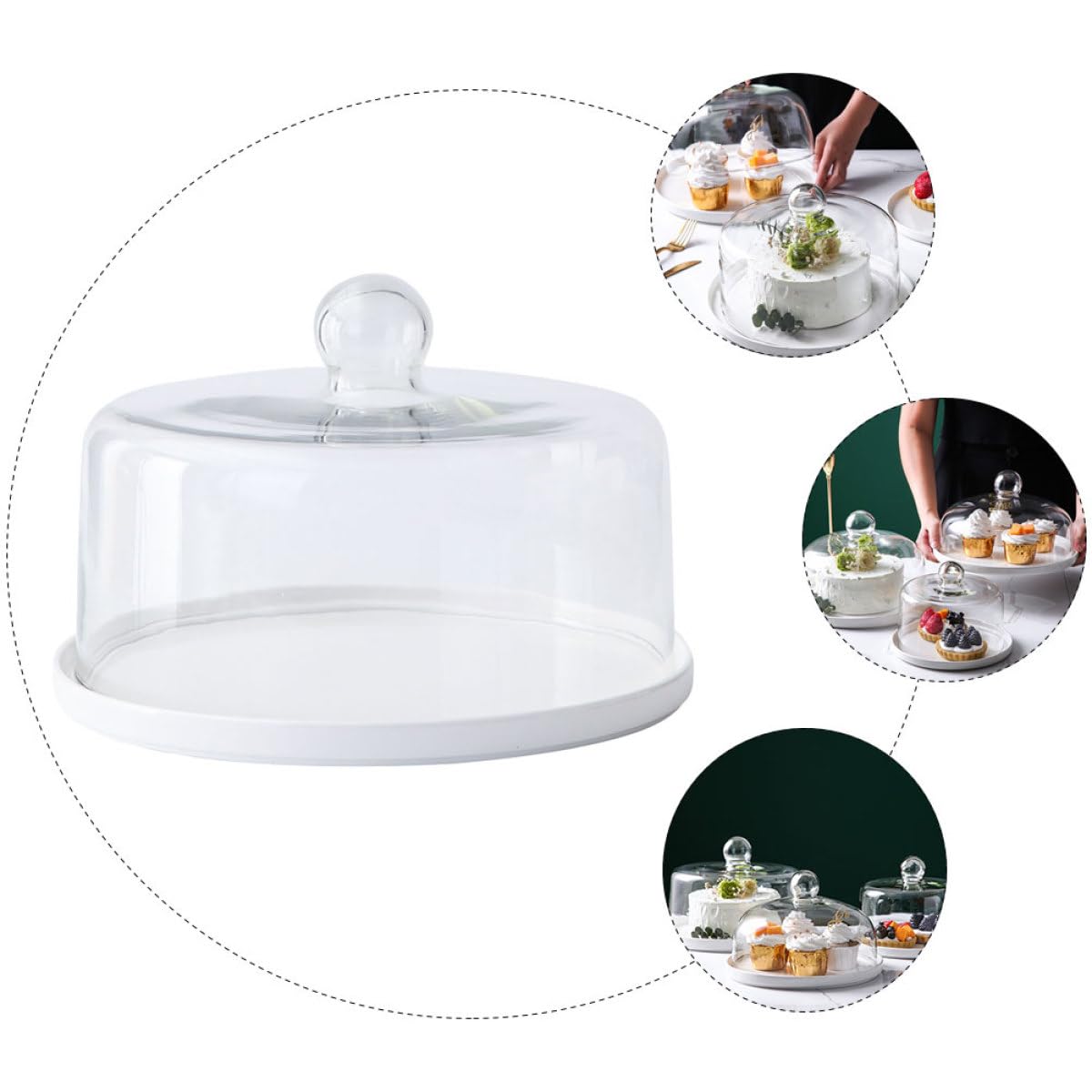 1pièce Plateau à Gâteau Céramique Blanche avec Couvercle Verre Transparent Protection Anti-poussière pour Présentation et Conservation de Desserts Lors de Fêtes et Mariages