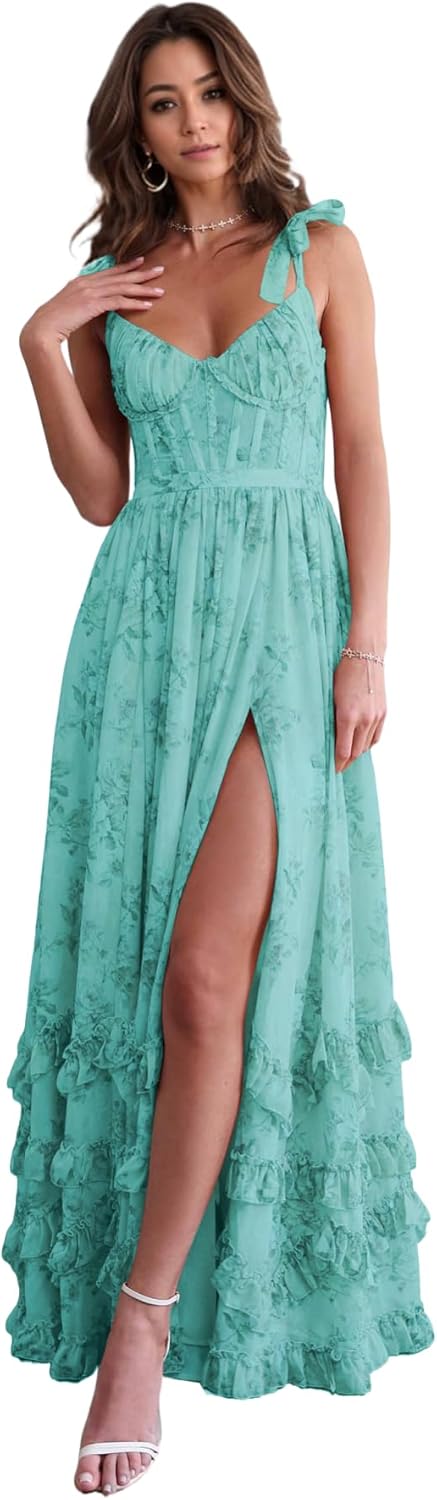 Bow Straps Chiffon Bridesmaid Dresses for Women A Line Prom Dress V Neck Floral Evening Party Gowns with Slit Formal