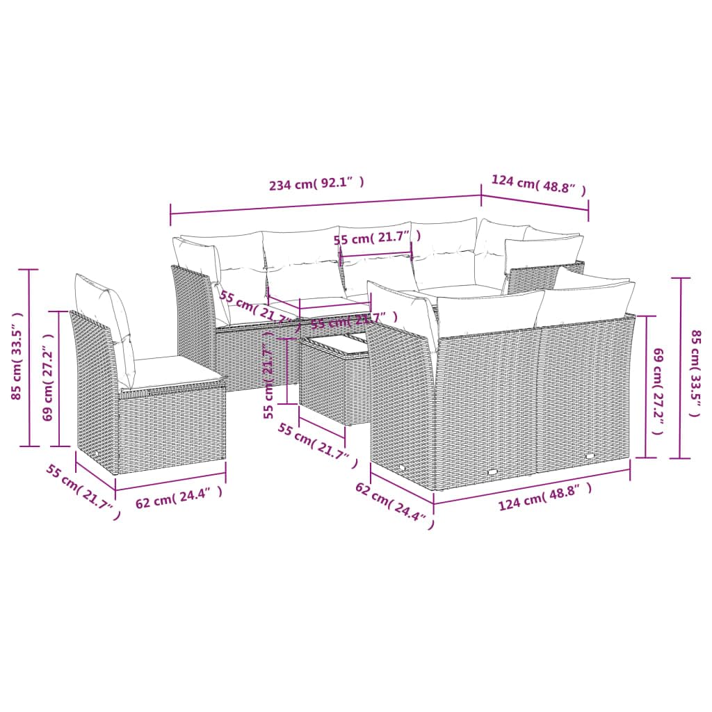 Set Divano Giardino 9 Pezzi Polyrattan Grigio Chiaro