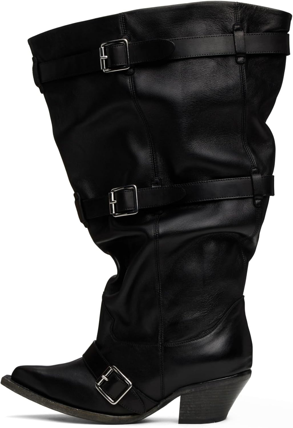 Women Wide Calf Boots with Buckle Strap Slouchy Chunky Heel Western Cowgirl Boots Knee High Boots