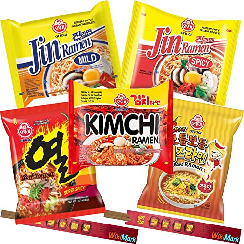 Lote 5 Ramen Ottogi Picante Coreano y 2 Palillos de Bambú WikiMark. Incluye Ottogi Noodles KIMCHI, Jin Ramen Spicy, Jin Ramen Mild, Yeul Ramen Extra Spicy, Spicy Cheese Ramen. Noodles Picante Ramen Cover
