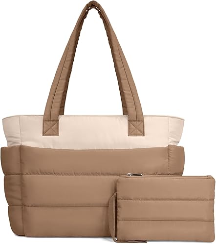 Miniatura 34 de TOPDesign Bolsa Tote Acolchada para Mujer, Bolso de Mano Ligero Inflado con Compartimentos, Bolsa de Hombro Acolchada para Trabajo, Viajes, Gimnasio