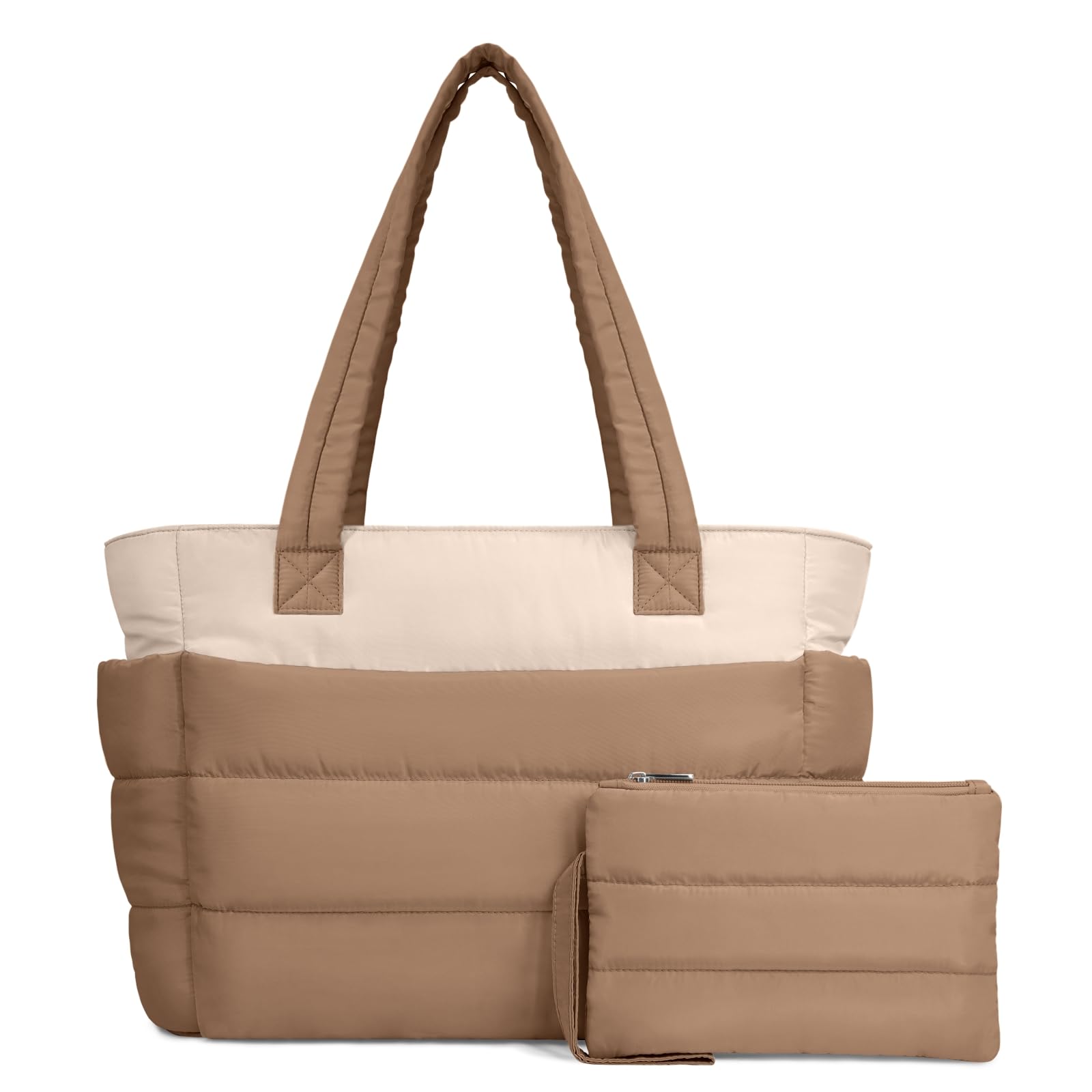 TOPDesign Puffer Tote Bag for Women, Lightweight Puffy Handbag with Compartments & Cosmetic Bag, Quilted Shoulder Bags for Work, Travel, Gym, Gifting (M Khaki/Beige)