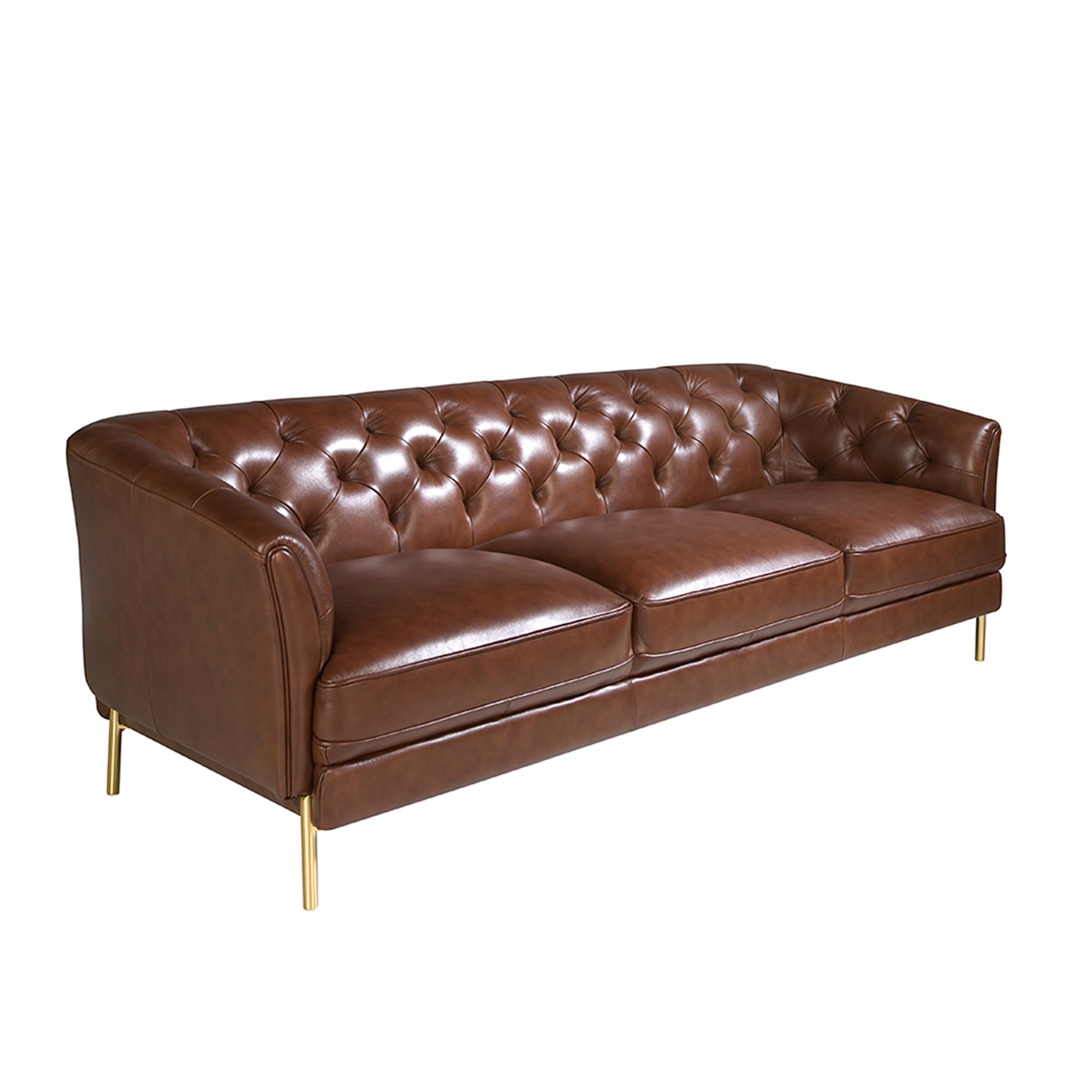Angel Cerdá - Divano Design 3 Posti Pelle Cognac Capitonné Dorato | Pelle Autentica, Effetto Capitonné, Struttura Legno, Piedi Acciaio Inox Dorato, 188 x 94 x 75 cm