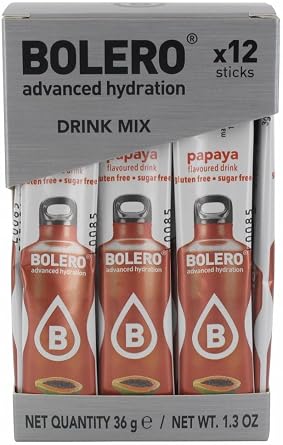Bolero Drink Sticks Papaya, 12 Sticks to Mix with 500ml of Water, Ideal for Hiking, Travelling, Camping, Hydration, Diabetic