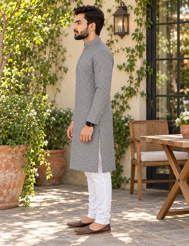 Image of Men's Lakhnawi Chikankari Kurta Set Cotton Ethnic Kurta Pajama for Men Wedding Festive Designer Indian Outfit Stylish Embroidered Kurta Set