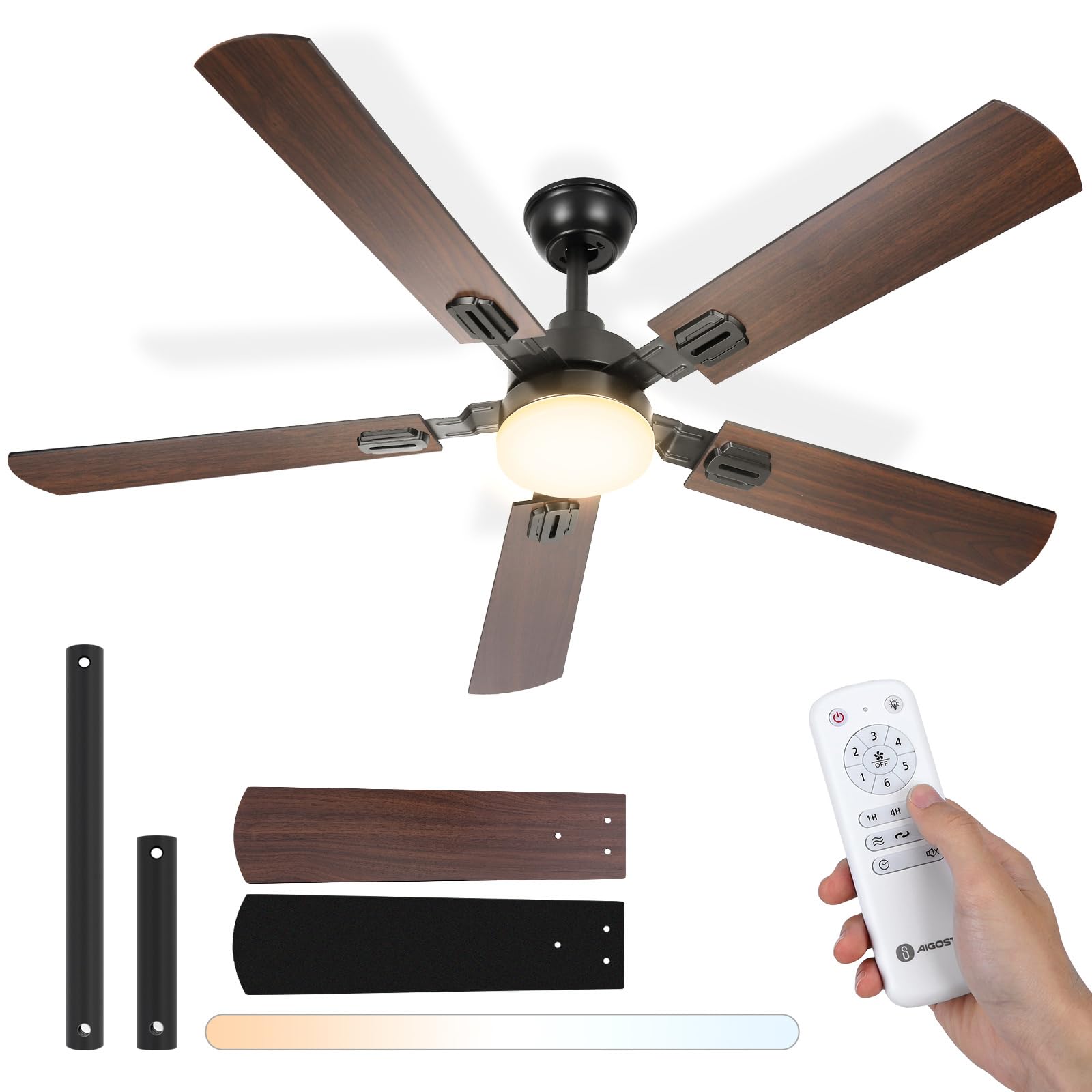 Aigostar Ceiling Fans with Lights Remote Control, 52” Extra Large Ceiling Fan Light 5 Blades 6 Speeds, CCT 3000K-6500 LED Ceiling Light with Fan, Quiet Fan Lights Ceiling for Bedroom 28dB, Timer [Energy Class E]