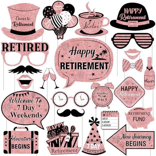 Rose Gold Retirement Party Decorations - 24PCS Photo Booth Props, Happy Cheers to Retirement Retired Party Decorations for Women