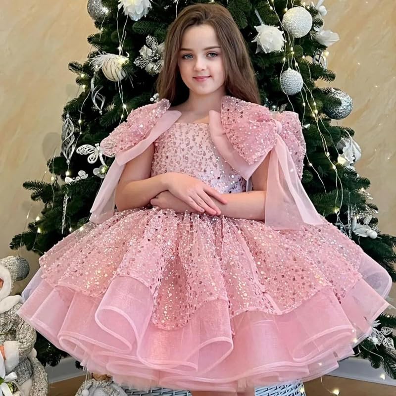 Flower Girl Dresses Sparkly Sequin A-Line Tiered Birthday Princess Glitter Bow Wedding Party Gowns4