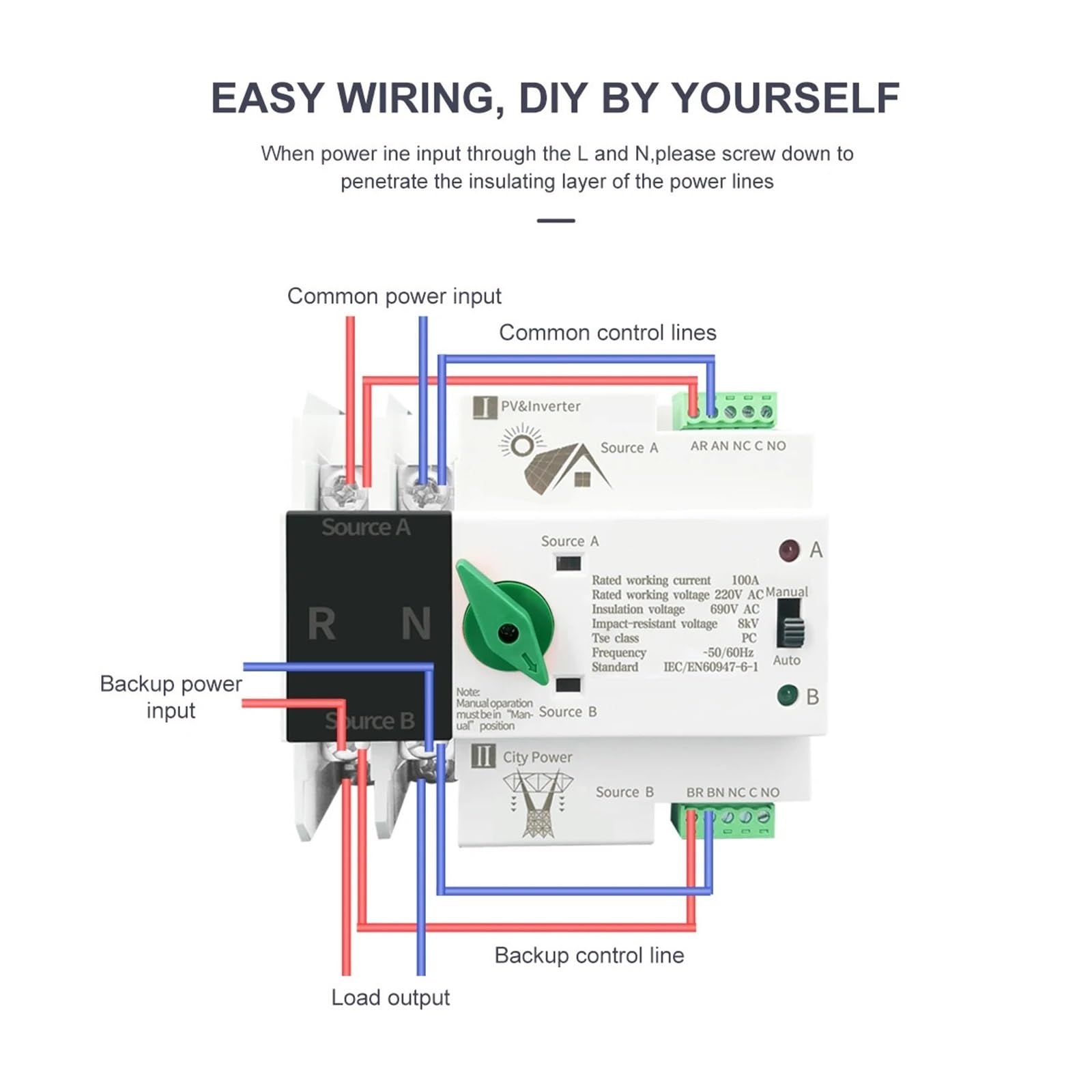 Interruttore Automatico Di Trasferimento A Doppia Alimentazione For Inverter Fotovoltaico, Monofase, Su Guida DIN, 2 Poli, 63 A, 100 A, 125 A Stabilità Continua(63A)