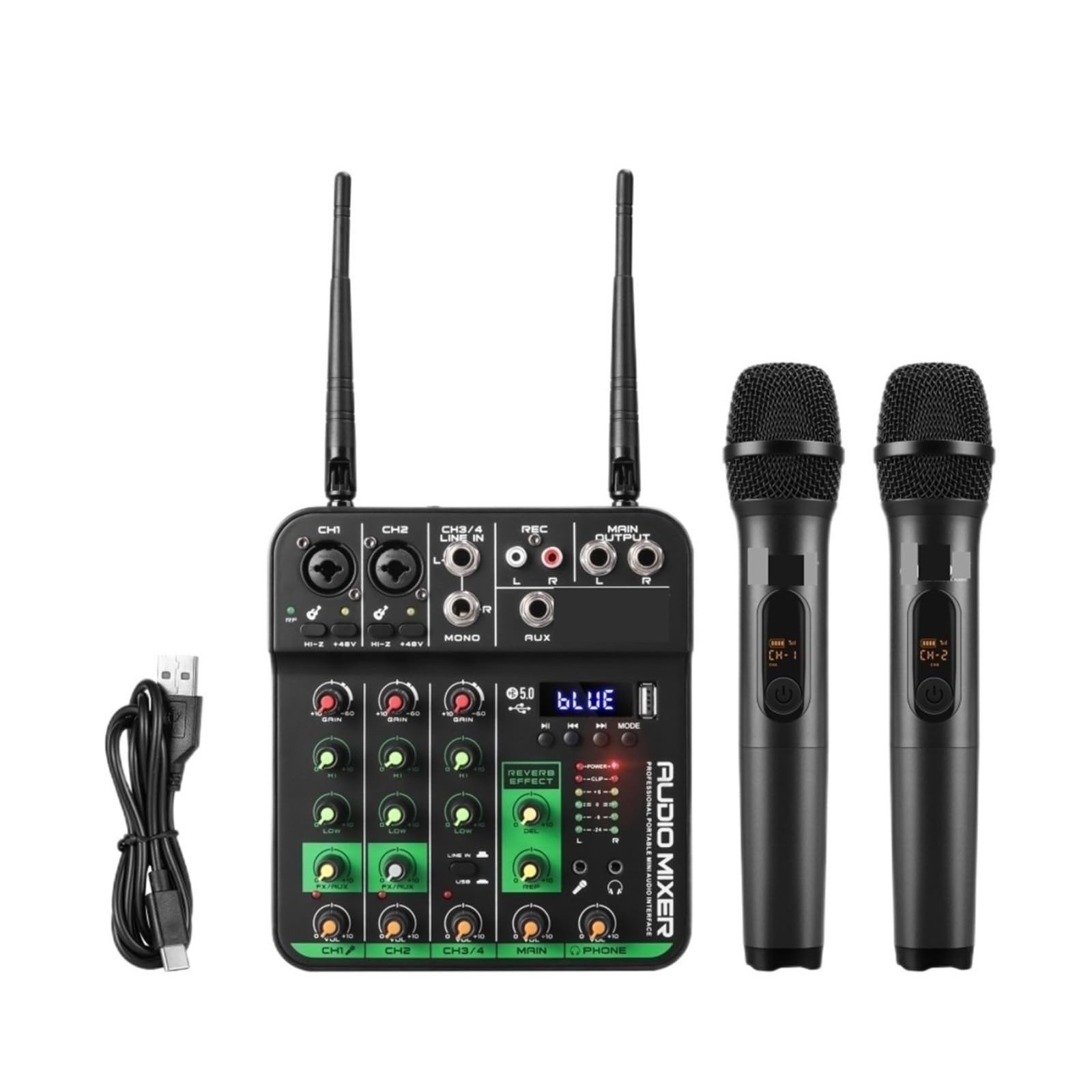 4 Kanäle Audio Mixer UHF Mikrofon Audio Interface Mischpult Bluetooth Record PC Delay Repaeat Effekt