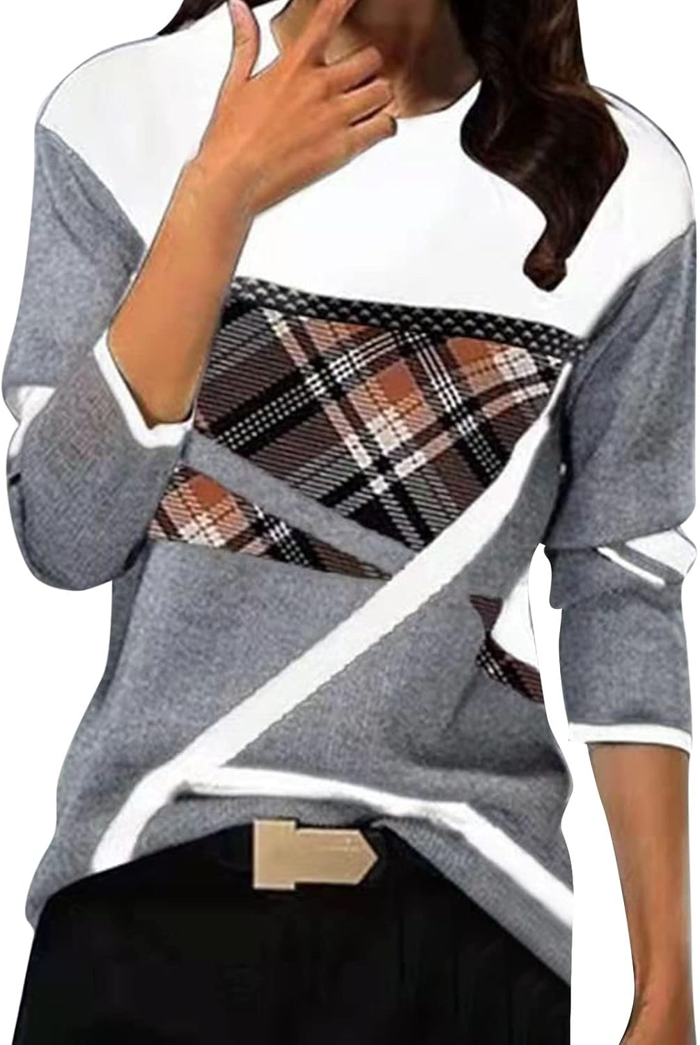 2024 Winter Autumn Long Sleeve Shirts for Women Trendy Colors Blcok Fall Tops Crewneck Loose fit Shirt Casual Dressy Blouses