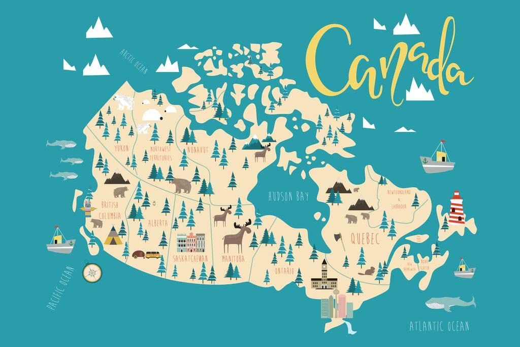 Laminated Illustrated Map Of Canadian Provinces Poster Canada Quebec Alberta Kids Picture Educational Classroom Map Poster Dry Erase Wall Art 16x24