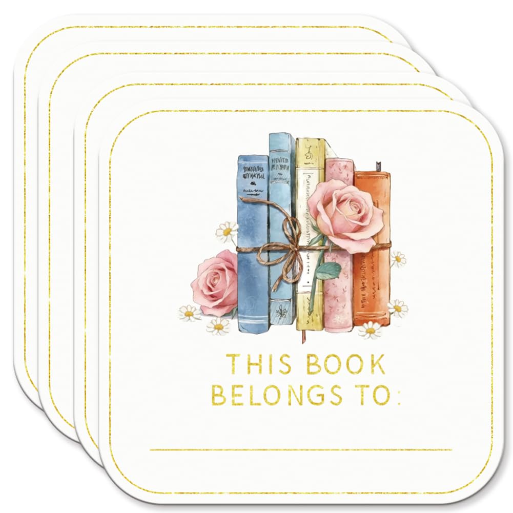 PRESSINART 60pcs Book Name Labels Floral Name Tags Sticker 2 x 2 Inch, This Book Belongs to Stickers Flower Vintage Design PVC Paper Self Adhesive Labels for Bookplates Library Supplies