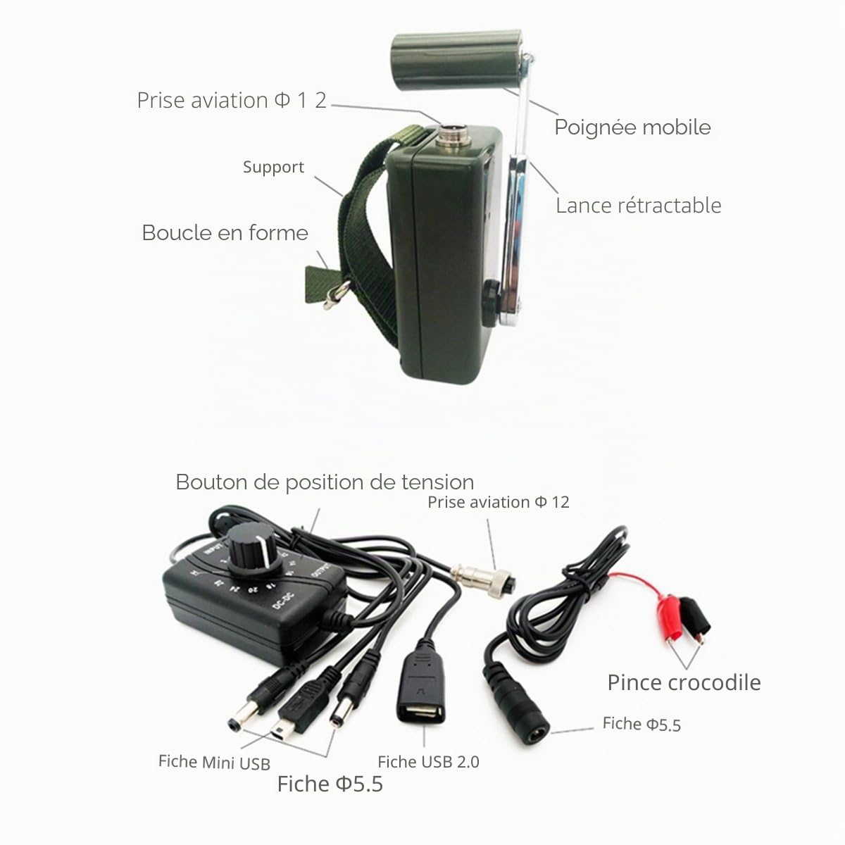 Générateur à manivelle HUABAN ProtaHand haute puissance pour ordinateur de téléphone portable extérieur 30W / 0-28V avec prise USB (générateur vert + régulateur CC)