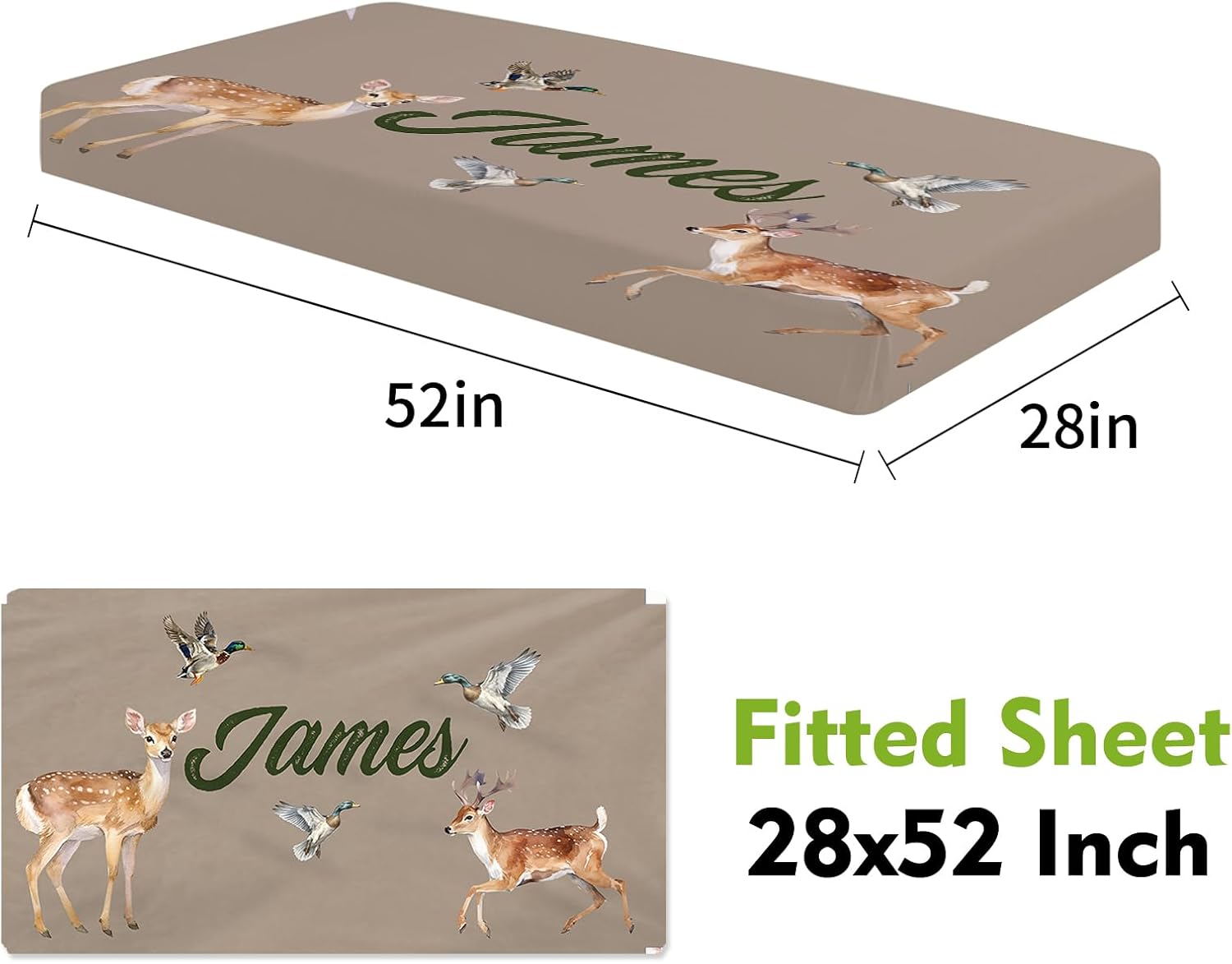 Custom Name Baby Crib Bedding Set – Personalized Deer Blanket with Dotted Backing and Fitted Sheet – 2-Piece for Infant Toddler Boys
