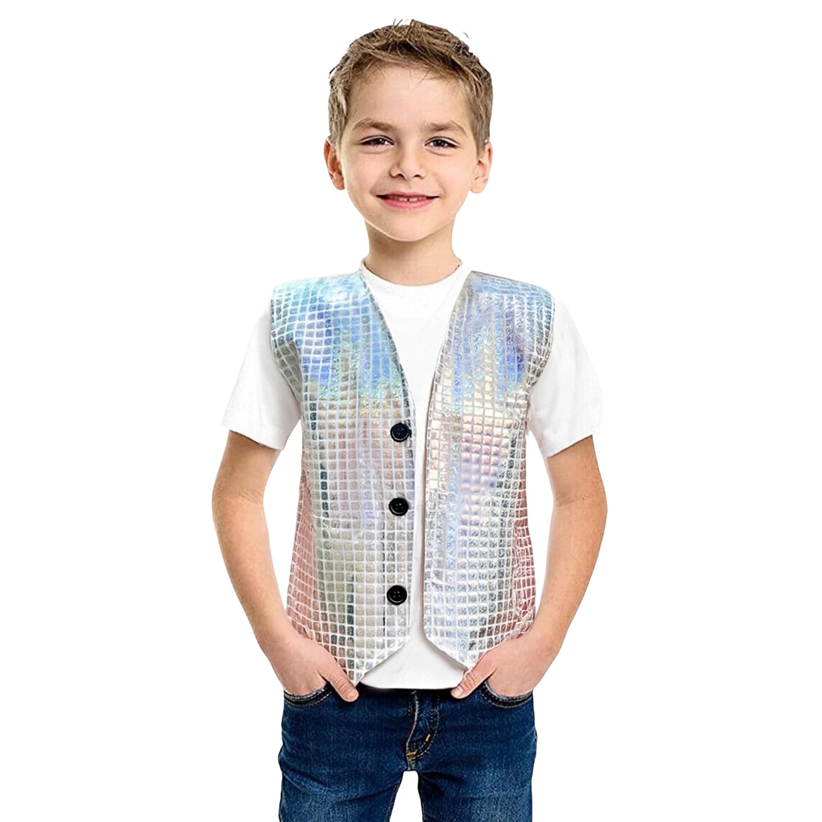 Sequin Vest Unisex Waistcoat Kids Dance Party Show Costume Jacket Top Sparkly Waistcoat for Kids Boys Glitter Coat Shiny Dance Vest for Boys for Party Fancy Dress Up Hip Hop Jazz Silver