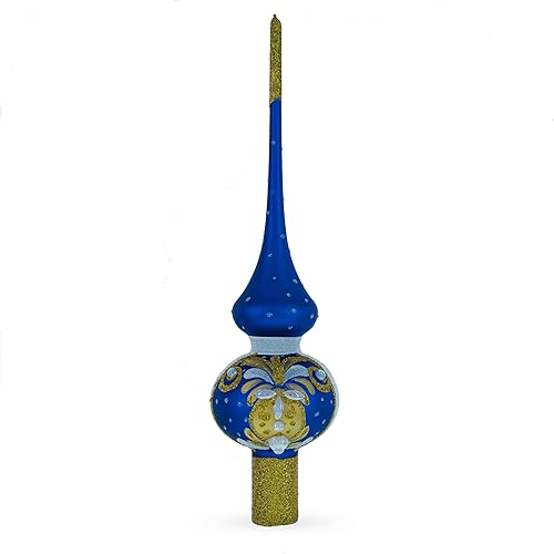 Miniatura 7 de Perlas blancas dimensionales con hojas doradas en azul artesanal, hechas a mano con boca de vidrio soplado para árbol de Navidad, 11 pulgadas