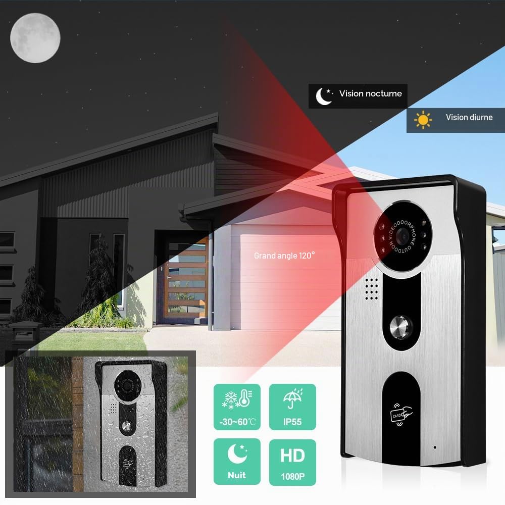 WiFi Tuya Accueil Vidéo Sonnette Interphone Système 7 Pouces Couleur écran Tactile Affichage Intérieur + 1080P HD RFID Caméra Extérieure IR Vision Nocturne
