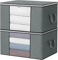 Kit com 2 Caixas Organizadoras Dobráveis de Tecido Premium 90L – Zíper Duplo Reforçado, Visor Transparente, Alças Laterais – Ideal para Edredons, Roupas, Brinquedos e Closet