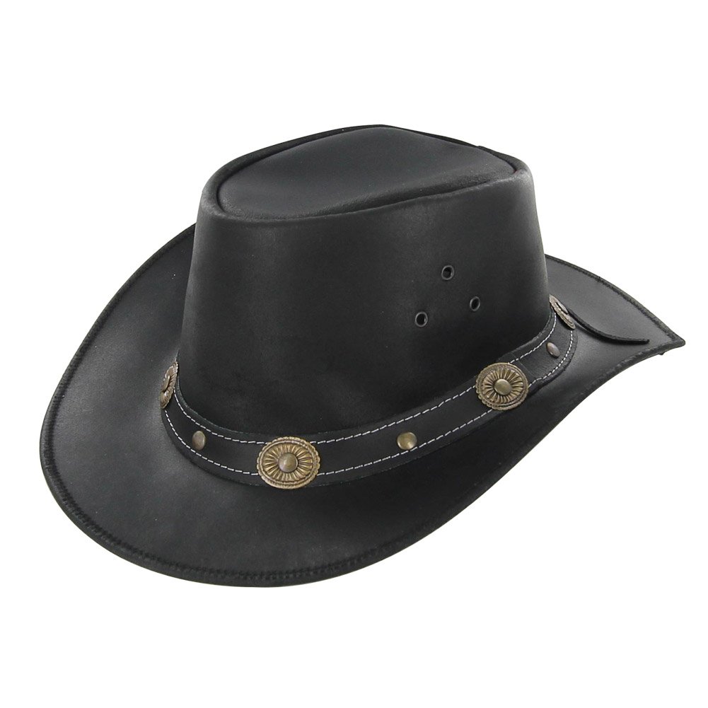 Armory Replicas Cowhide Leather Hat for Men and Women | Buffalo Nickel Crushable Outback Cowpuncher Hat | Handmade with Western Style Wide Brim | X-Large Black