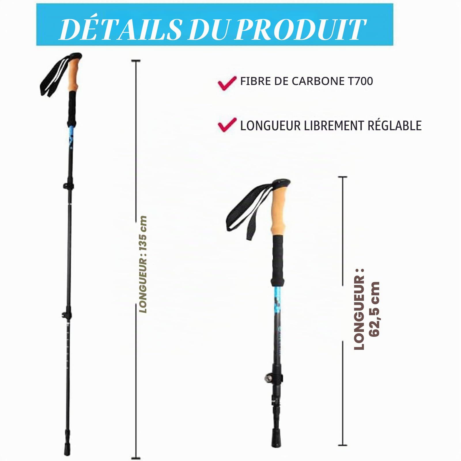 KHEALING Bâtons de trekking légers en fibre de carbone (lot de 2) - Longueur réglable 105-135 cm - Poignée en liège - Bleu - Avec sac de rangement et capuchon de canne - Conçu pour la randonnée et le