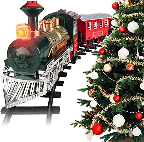 Roxie Christmas Train Set for Around The Tree with Sounds and Lights, Steam Locomotive Engine, Cargo Car and Round Railway Tracks for Under The Christmas Tree 12 Tracks for Kids Boys, Red