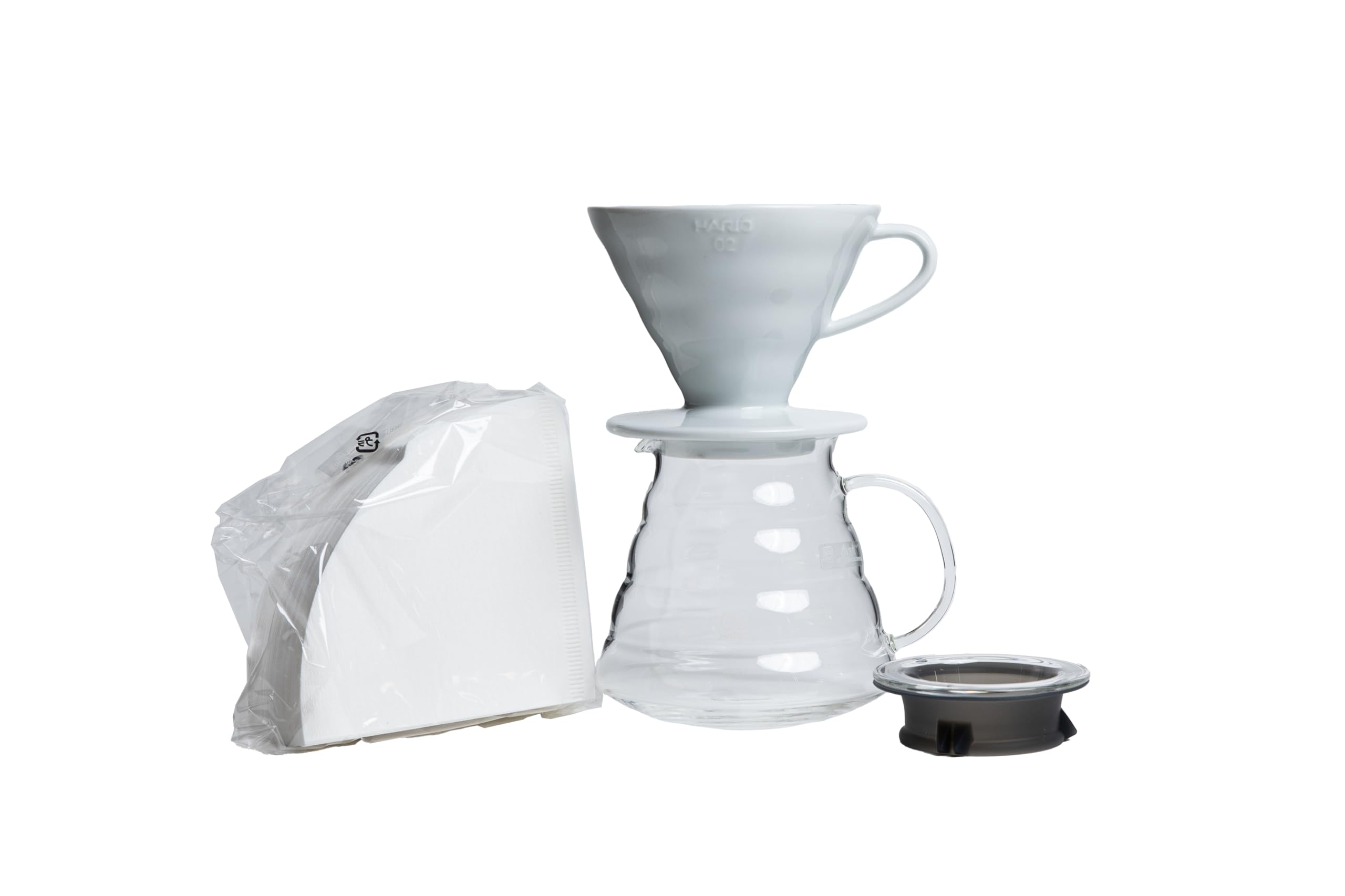 hario v60 coffee pour over kit bundle set - comes with ceramic dripper range server glass pot measuring spoon and 100 count package of hario 02w coffee filters