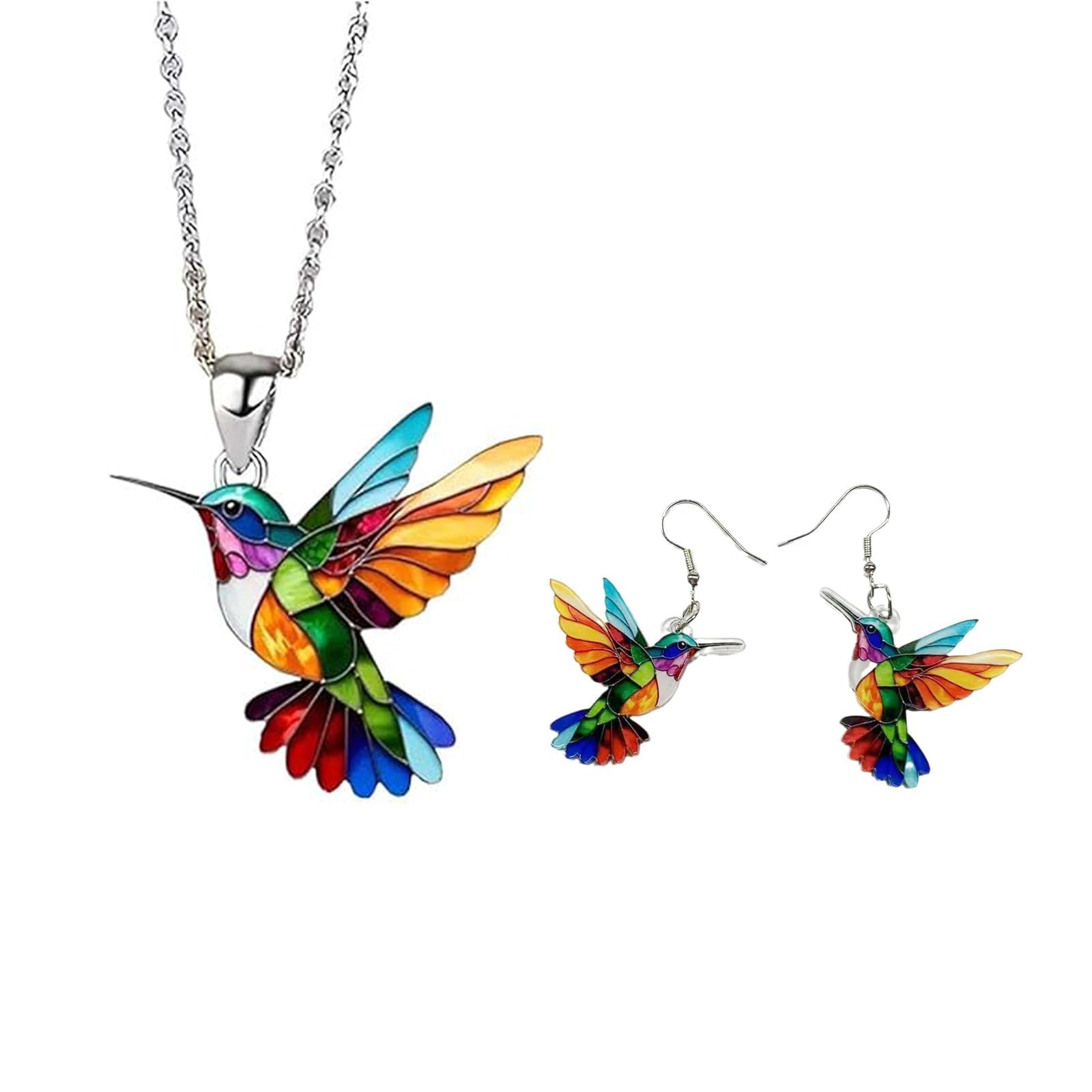 Colorful Hummingbird Necklace Earring Set for Women 2D Acrylic Hummingbirds Necklaces Cute Bird Earrings Spring Jewelry Set for Bird Lovers