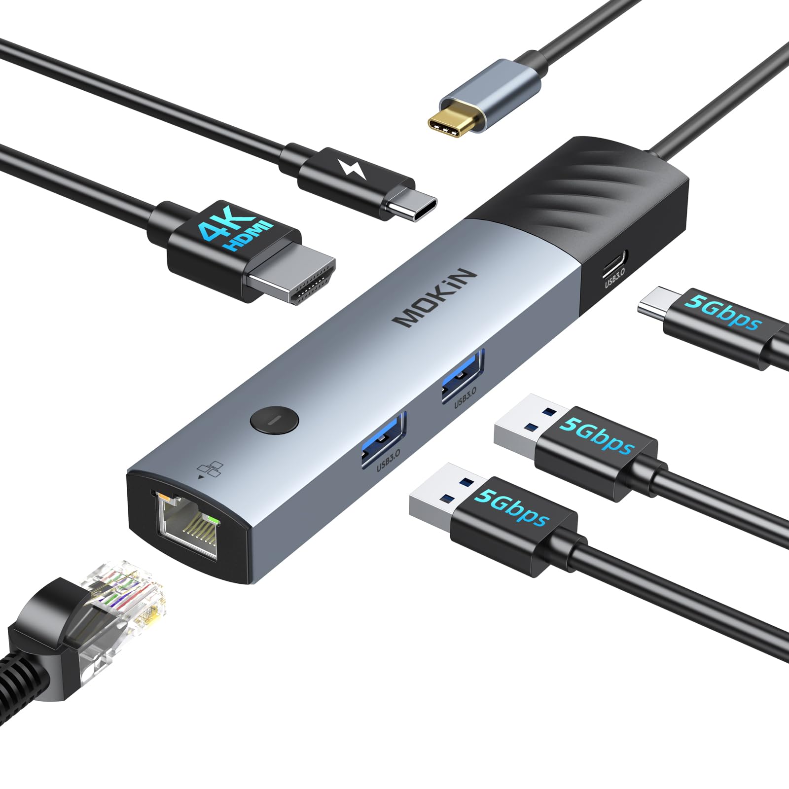 Adaptador multiportas USB C Hub, 6 em 1 USB C para HDMI 4K a 60Hz, PD 100W, Ethernet