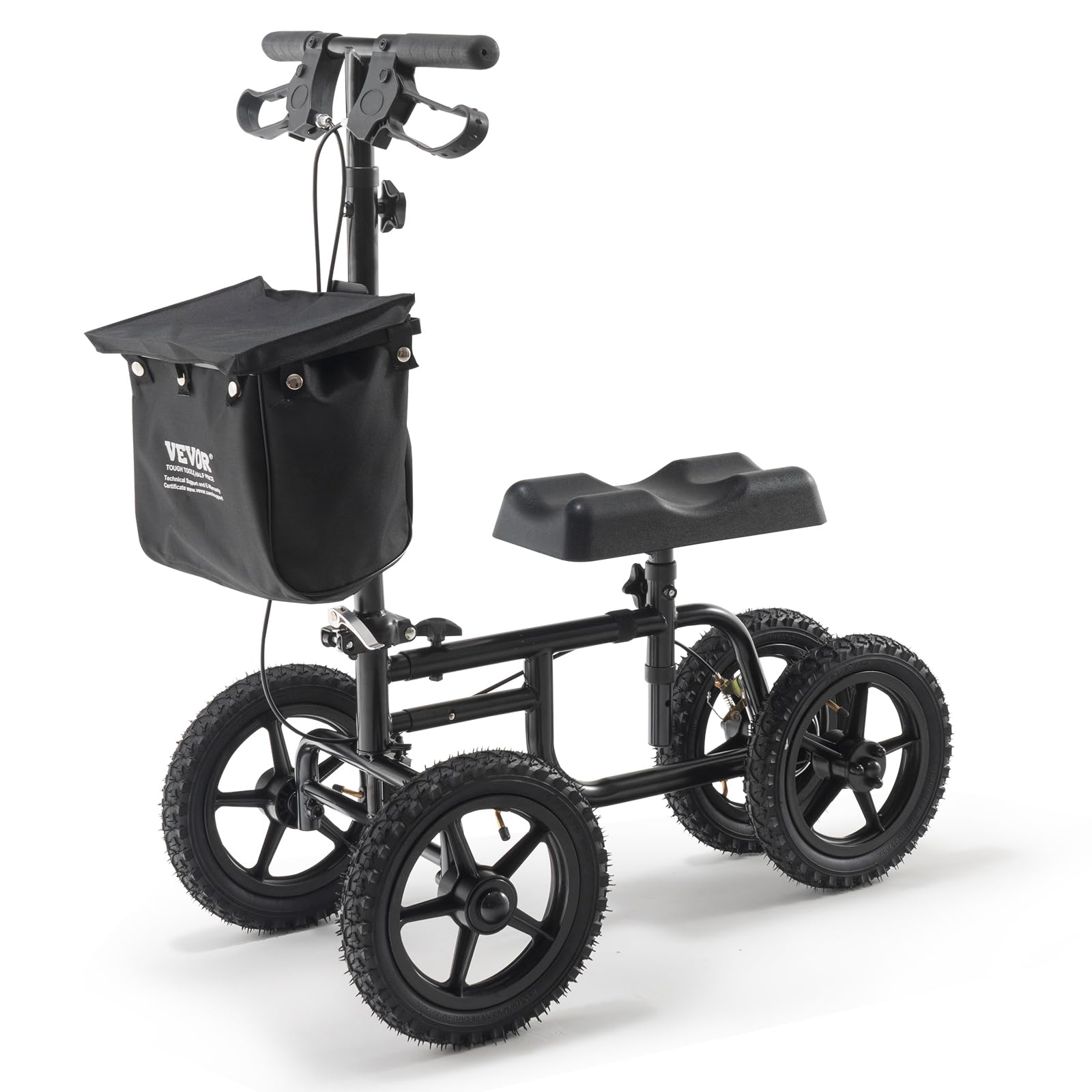 VEVOR Patinete de Rodilla Plegable Orientable de Acero al Carbono con Manillar Ajustable en Altura y Rodillera, Rueda Todoterreno, Frenos Dobles, Recuperación de Piernas, Carga de 160 kg, Negro