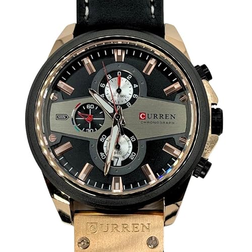 CURREN 8394. Reloj de Cuarzo para Hombre con Correa de Piel Negra y Detalles Dorados. Tiene función de Calendario y cronómetro. - Imagen 9