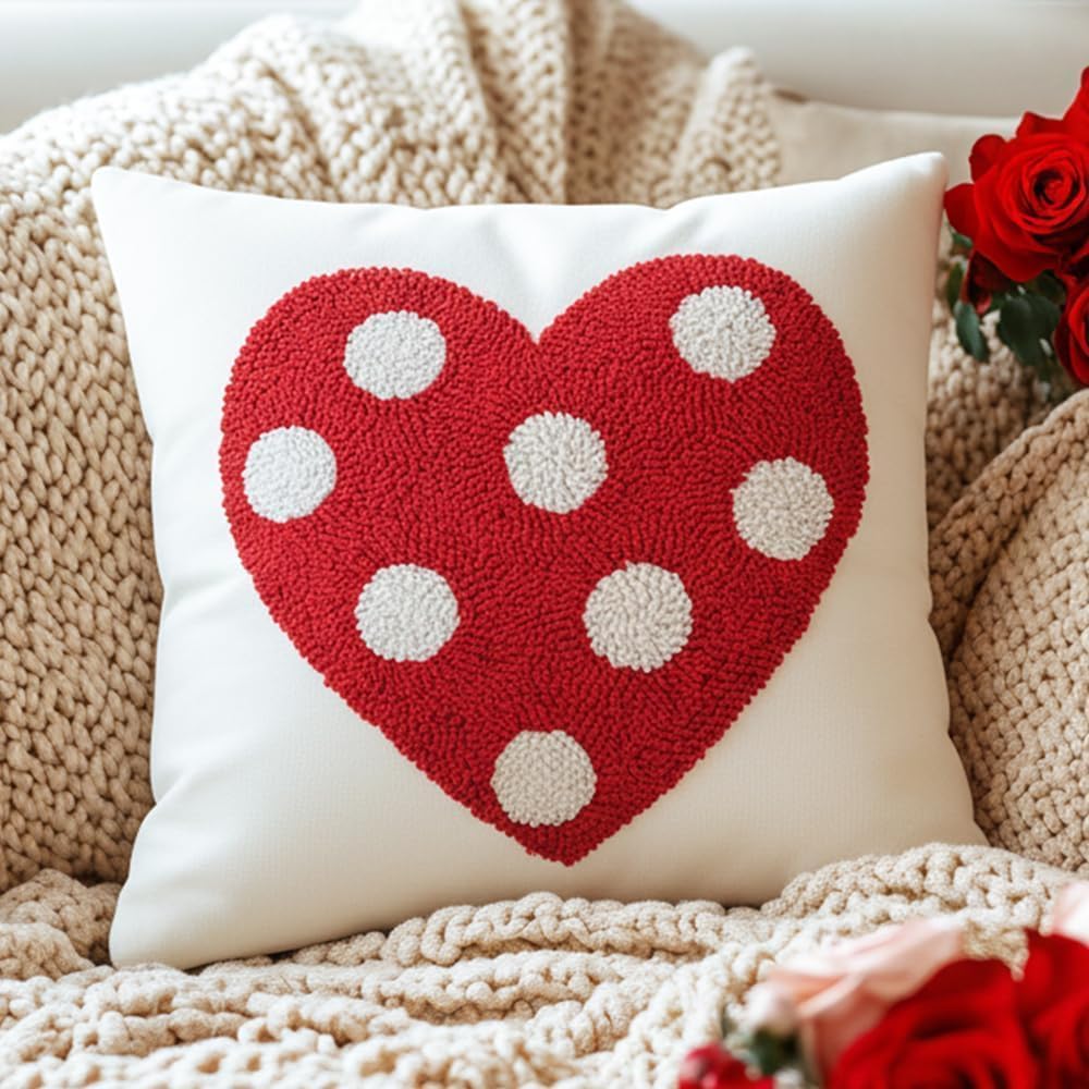 GEEORY Valentines Pillow Cover 18x18 Inch 3D Cotton Embroidered Red Polka-dot Heart Romantic Valentines Day Decorations Farmhouse Home