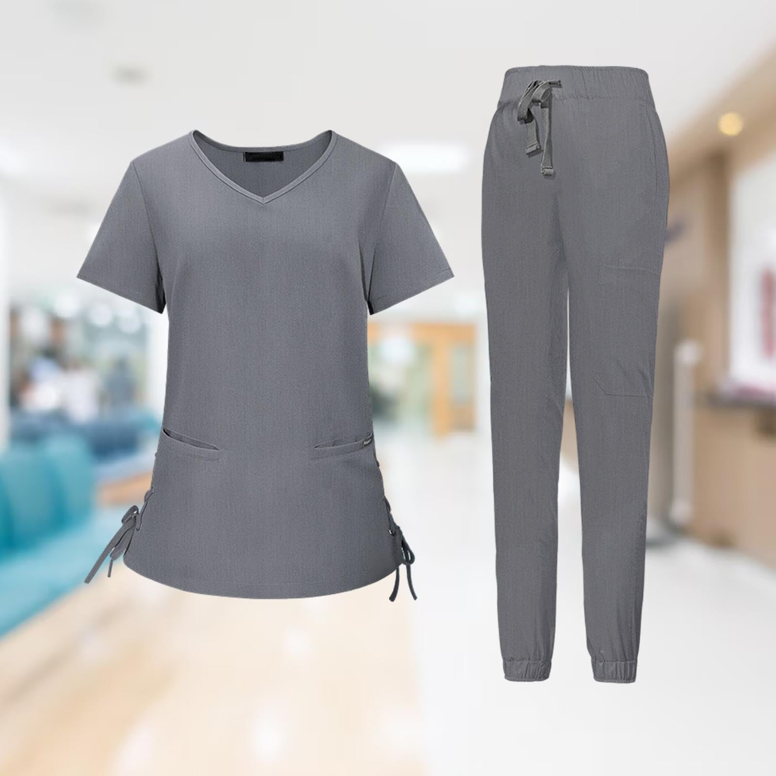 kowaku Set Scrub da Donna Divise da Lavoro da Infermiera Abbigliamento da Lavoro Scollo a Pantaloni da Jogger Eleganti Morbidi e Resistenti alle, Grigio M