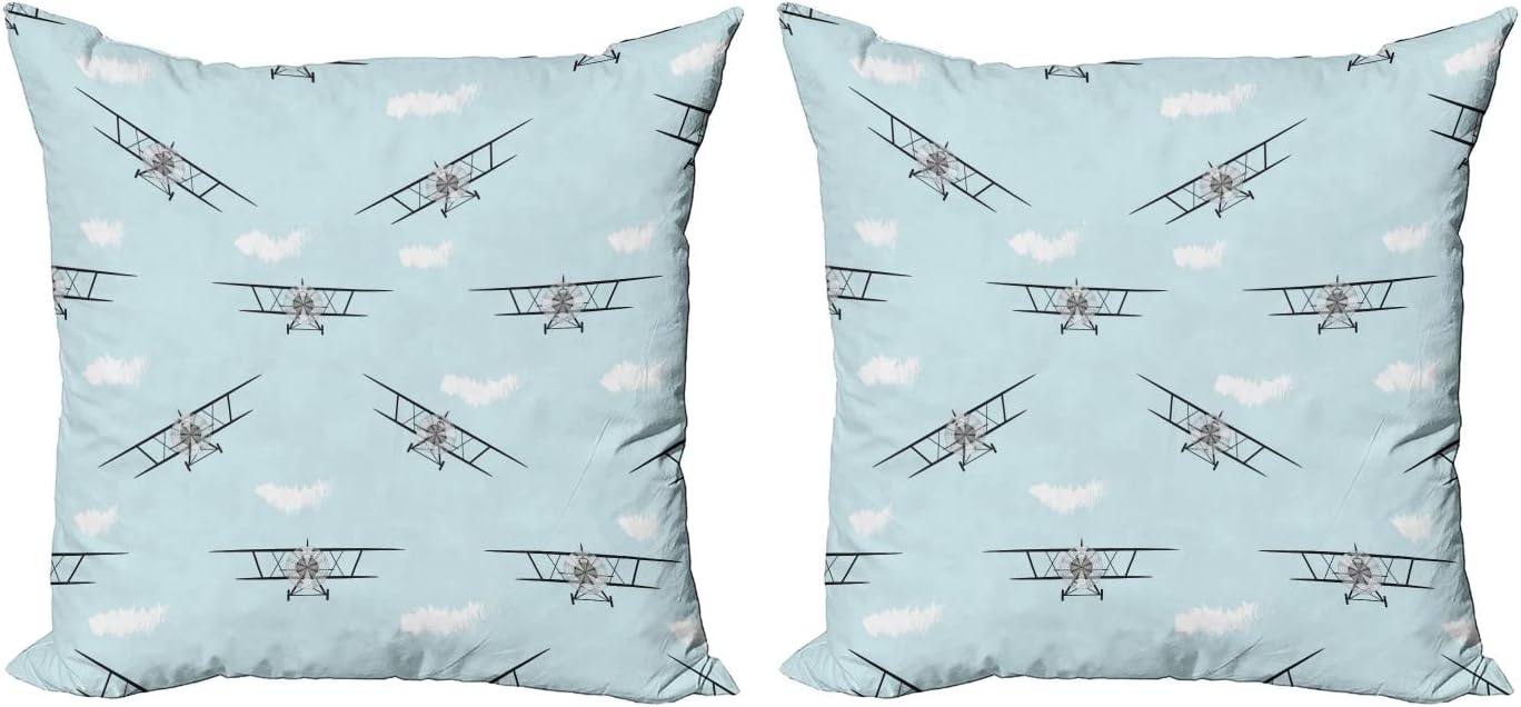 Ambesonne Airplane Throw Pillow Cover Set of 2, Old Aircraft Biplanes in Blue Sky Speedy Propellers Wings Retro Design, Decorative Square Covers for Couch Bed & Sofa, 20″x20″, Pale Blue Black White