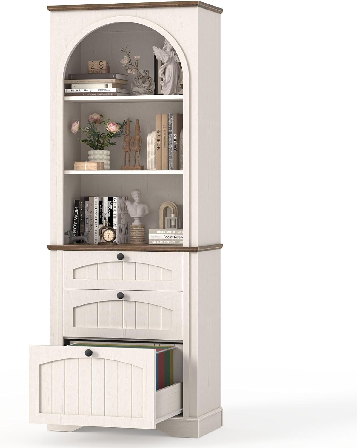 Farmhouse File Cabinet Fits Letter/Legal/A4 Size Hanging File Folders, 3-Tier Floor Standing Bookcase with File Drawer and Open Shelf, Wood Filing Cabinet Printer Stand for Home Office, White