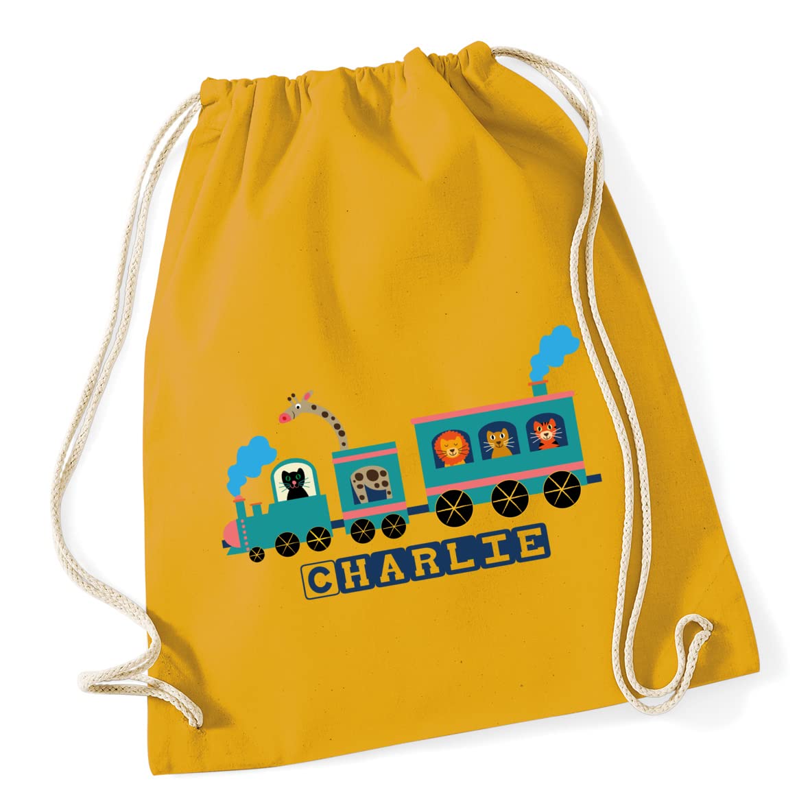 Hippowarehouse PERSONALISED train safari Drawstring Cotton School Gym Bag 37cm x 46cm, 12 litres