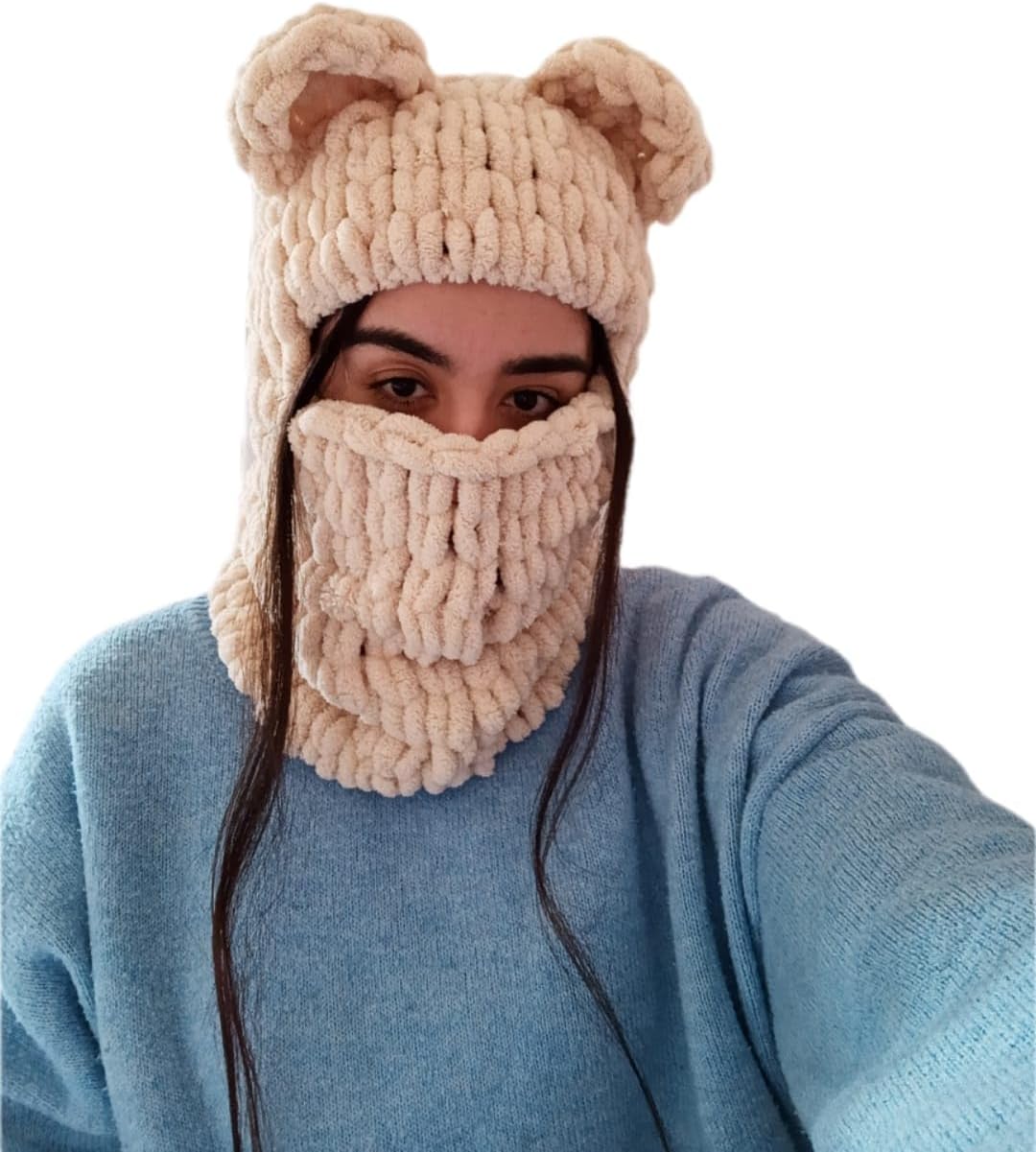 KLABELGIFT Handmade Crochet Black Balaclava Ski Mask - Warm Bunny Dino Devil Face Cover for Winter Sports Cosplay Streetwear